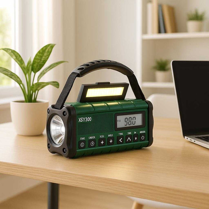 Multifunktionel nødradio med LED-lys, powerbank og alarmfunktion - Tilgængelig i fire farver: A bright and airy home office environment, where the emergency radio is placed prominently on a modern desk next to a potted plant and a laptop.