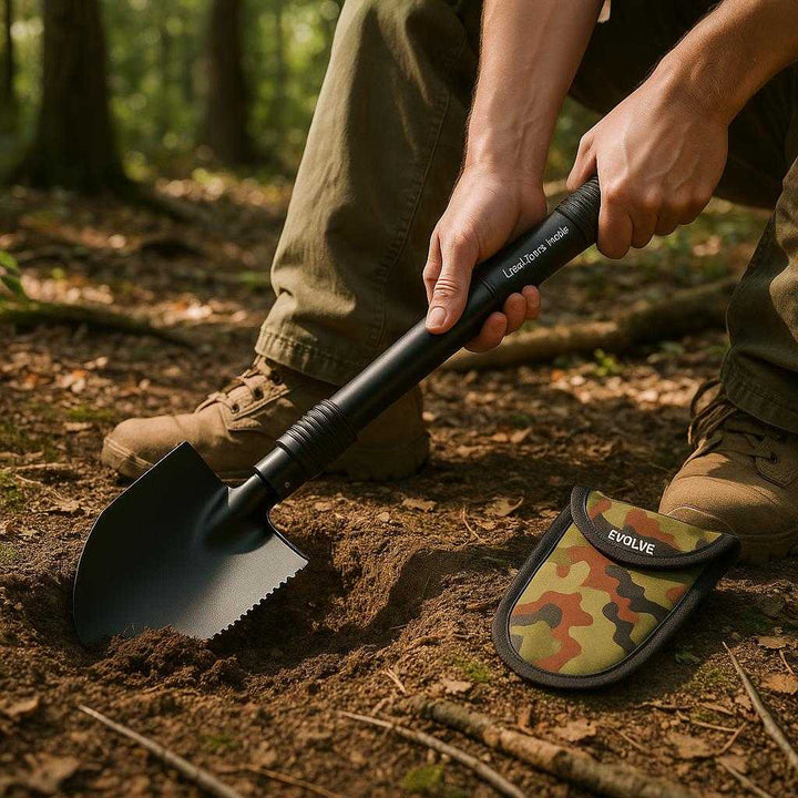 Multifunktionsskovl – Sammenklappelig Skovl med Savtakket Kant og Hakke til Udendørs Aktiviteter: A realistic camping setting where the product is properly grounded on a forest floor, being actively used by a person to dig a small fire pit, with natural dappled sunlight filtering through foliage, casting realistic shadows and showing clear contact points where the shovel touches the ground.