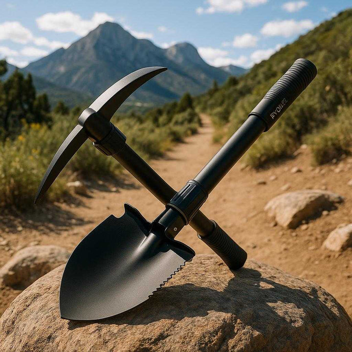 Multifunktionsskovl – Sammenklappelig Skovl med Savtakket Kant og Hakke til Udendørs Aktiviteter. The compact folding shovel with a pickaxe feature is displayed on a hiking trail with a scenic mountain view, resting on a rock surface, highlighting its portability and rugged design.