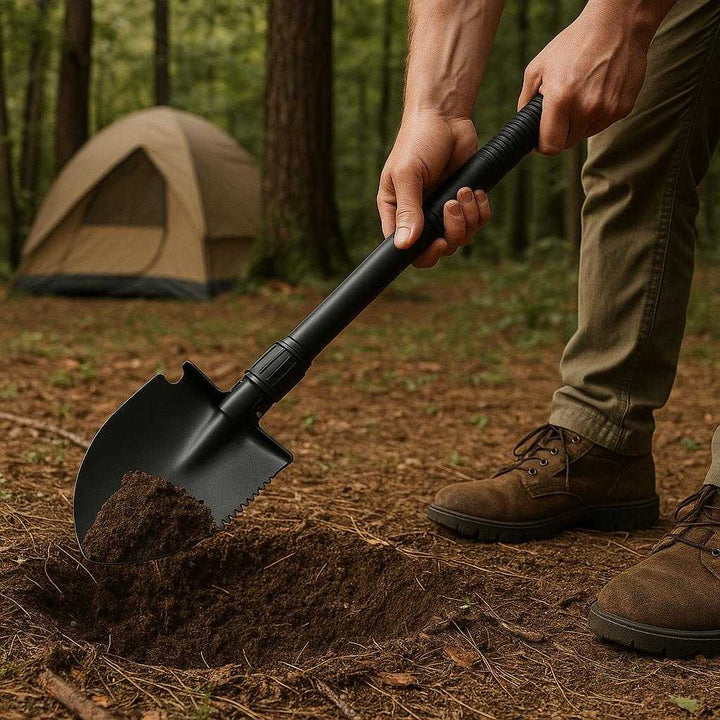Multifunktionsskovl – Sammenklappelig Skovl med Savtakket Kant og Hakke til Udendørs Aktiviteter. The multifunctional folding shovel with a serrated edge is being used to dig a fire pit at a woodland campsite, surrounded by trees and natural foliage, with a tent in the background.