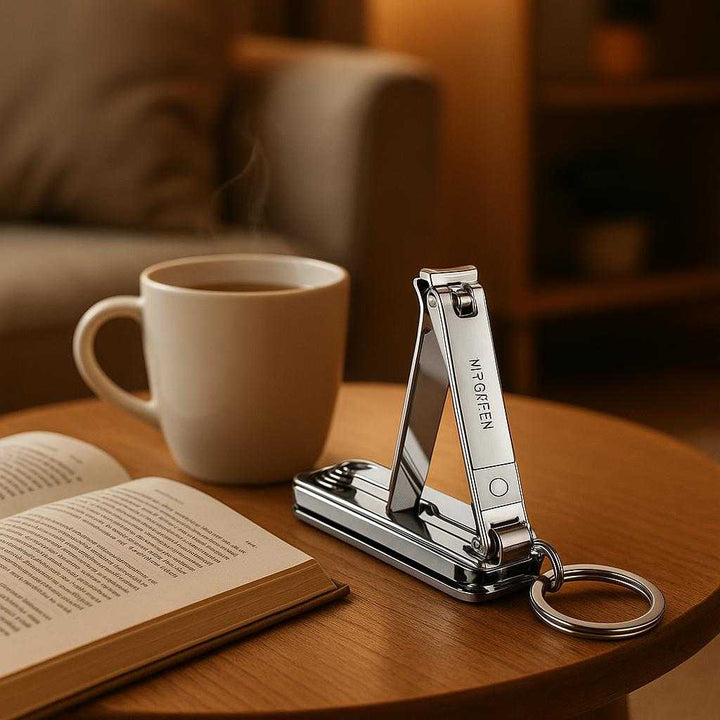Multiværktøjsnegleklipper i rustfrit stål med 6-i-1 funktion - kompakt og holdbart design. In a cozy living room, the multitool nail clipper sits on a side table next to a steaming cup of coffee and a book, reflecting the ease of maintaining personal care with style and functionality at home.