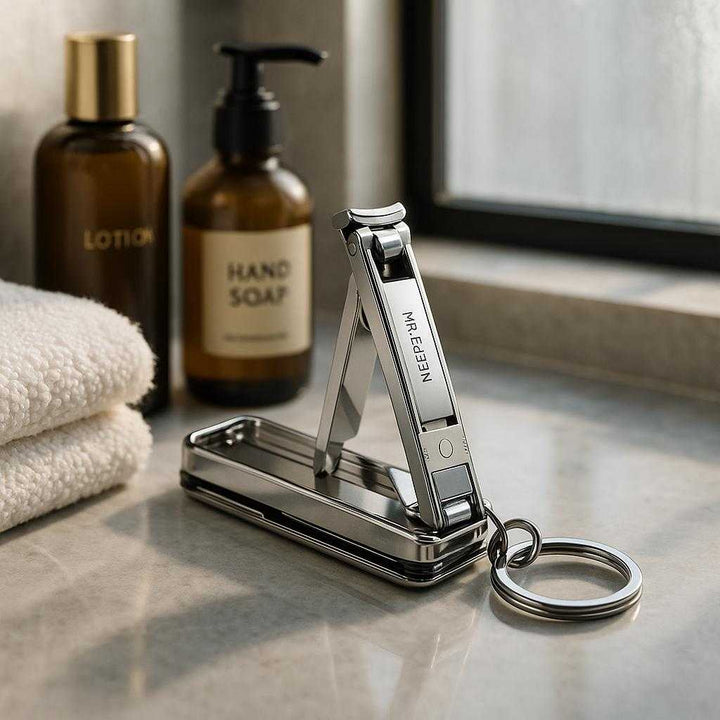 Multiværktøjsnegleklipper i rustfrit stål med 6-i-1 funktion - kompakt og holdbart design. The multitool nail clipper is artfully placed on a sleek bathroom vanity, surrounded by luxurious grooming products and a plush towel, as sunlight filters through the frosted window, highlighting its compact design and practicality.