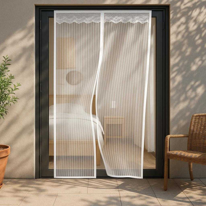 Myggenet - Magnetisk Skærmdør til Effektiv Insektbeskyttelse, Let og Praktisk: A different realistic outdoor patio setting where the screen door is securely positioned on the patio door frame, allowing fresh air to circulate inside while preventing insects from entering.