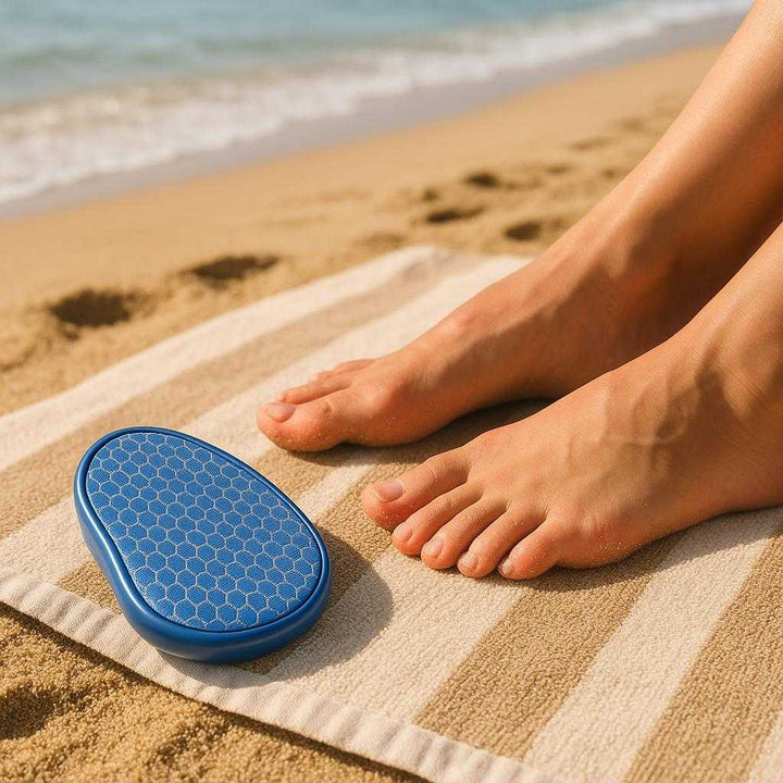 'Nano' Glas Fodskrubber - Rød, Gylden, Blå - Plastik, metal, Gummi - Bærbar og Afslappende: A different realistic outdoor beach setting where the Nano Glass Foot Scrubber in blue is securely positioned on a sandy beach towel, being naturally placed next to bare feet after a refreshing swim, with proper physics, shadows, and realistic integration into the sunny environment.