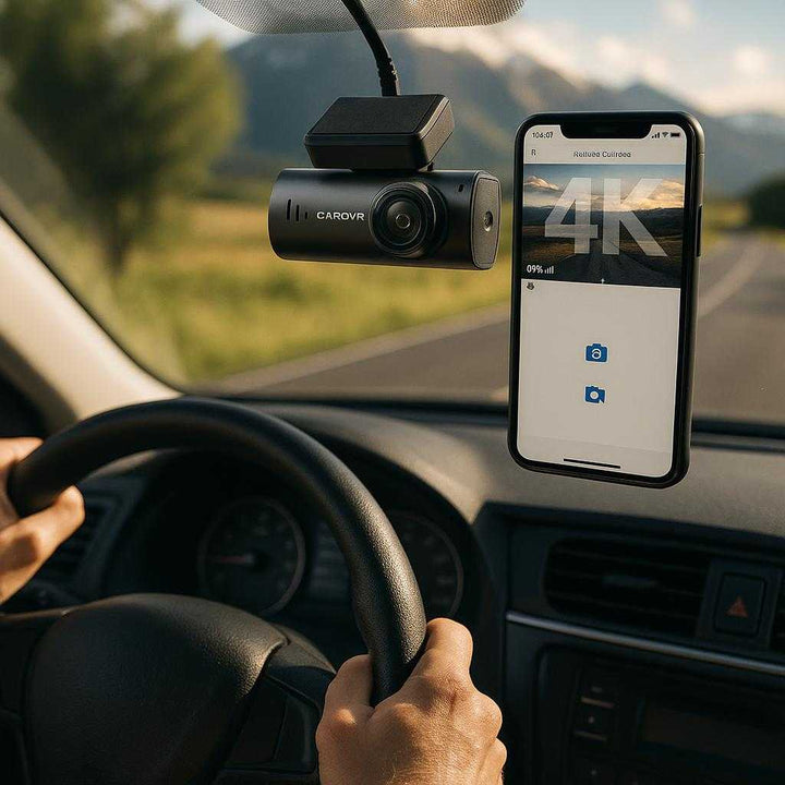 Natoptagelse Dashcam med Professionel Kvalitet og Avanceret Sikkerhed i Mørke Forhold: A realistic car interior setting during daytime, where the dashcam is properly grounded on the windshield, being actively used to record a scenic drive.