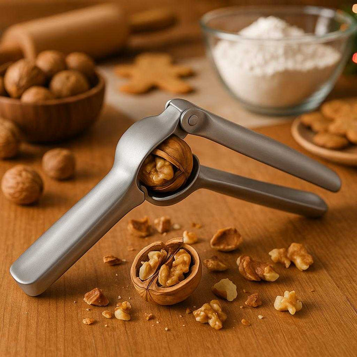Nøddeknækker i Rustfrit Stål – Professionel Høj Kvalitet, Elegant og Avanceret Design. A stainless steel nutcracker effortlessly cracking open a walnut, with nut shells and meats scattered on a wooden kitchen counter, against a backdrop of holiday baking activity.