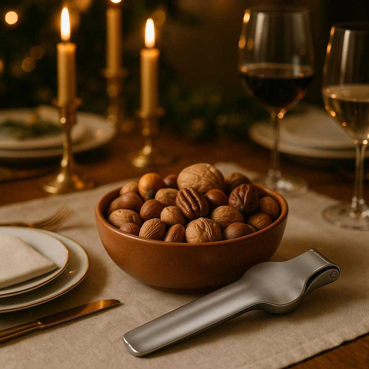 Nøddeknækker i Rustfrit Stål – Professionel Høj Kvalitet, Elegant og Avanceret Design. The elegant stainless steel nutcracker displayed alongside a bowl of assorted nuts on a lavish dining table set for a festive dinner, with candles softly glowing in the background.