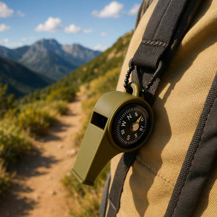 Nødfløjte med Kompas – Avanceret Overlevelsesværktøj i Olivengrøn Plast til Sikker Navigation. On a sunny mountain trail, the olive green whistle with compass hangs from a backpack strap, capturing the spirit of exploration with a panoramic vista in the background.