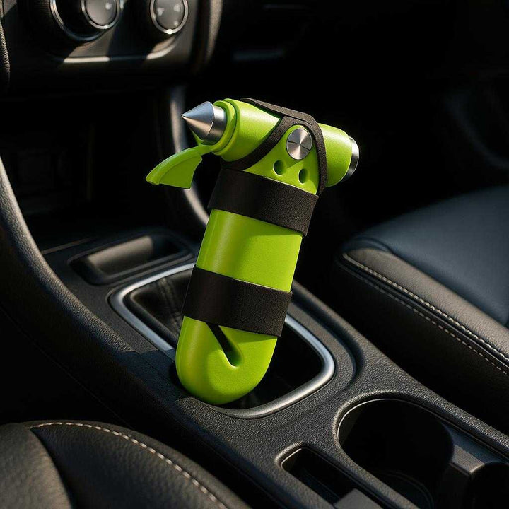 Nødhammer - Grøn, Lyserød, Mørkeblå, Orange, Sort - Sikkerhedsværktøj til Bilen: A realistic car interior setting where the green hammer is properly grounded in the central console holder, being naturally placed for quick access in case of emergencies, with natural lighting casting realistic shadows and showing clear contact points where the tool touches the holder.