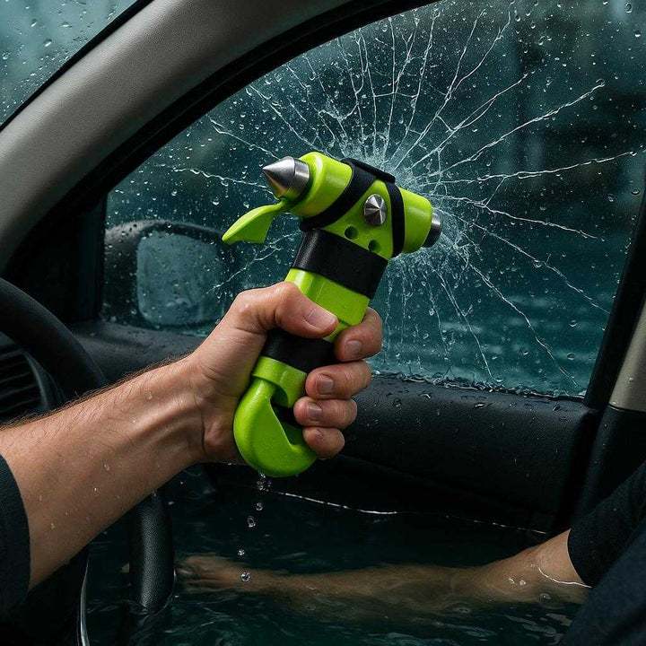 Nødhammer i Grøn, Lyserød, Mørkeblå, Orange og Sort – Avanceret Sikkerhedsværktøj til Bilen. The advanced green car safety tool is being used to shatter the driver's side window of a car in an emergency scenario, with water slowly rising inside the vehicle as the driver uses it swiftly.