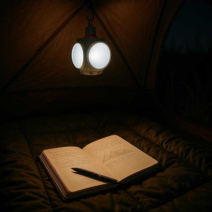 Nødlommelygte med solcelle - Bærbar, energibesparende lyskilde til udendørs og nødsituationer. The solar emergency lamp is hanging inside a cozy tent, illuminating a camper's journal spread open on a sleeping bag while the sound of crickets fills the air.