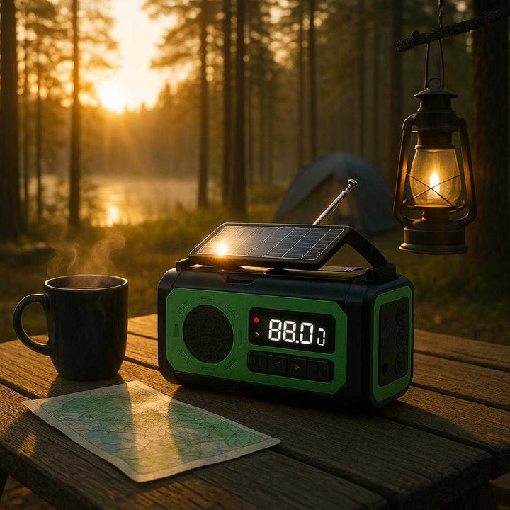 Nødradio med håndsving, solceller og powerbank - Tilgængelig i Sort, Orange og Mørkegrøn: A serene camping scene at dawn, where the Nødradio med håndsving, displayed in Mørkegrøn, is placed on a wooden picnic table.