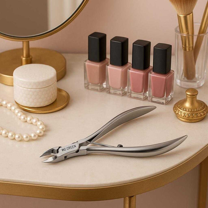 Neglebåndsklipper i Rustfrit Stål – Præcis Klipning, Lang Holdbarhed og Moderne Design. The cuticle nipper is artfully placed on an elegant vanity table alongside beauty accessories and a stylish nail polish collection, highlighting its role in a chic and modern grooming routine.