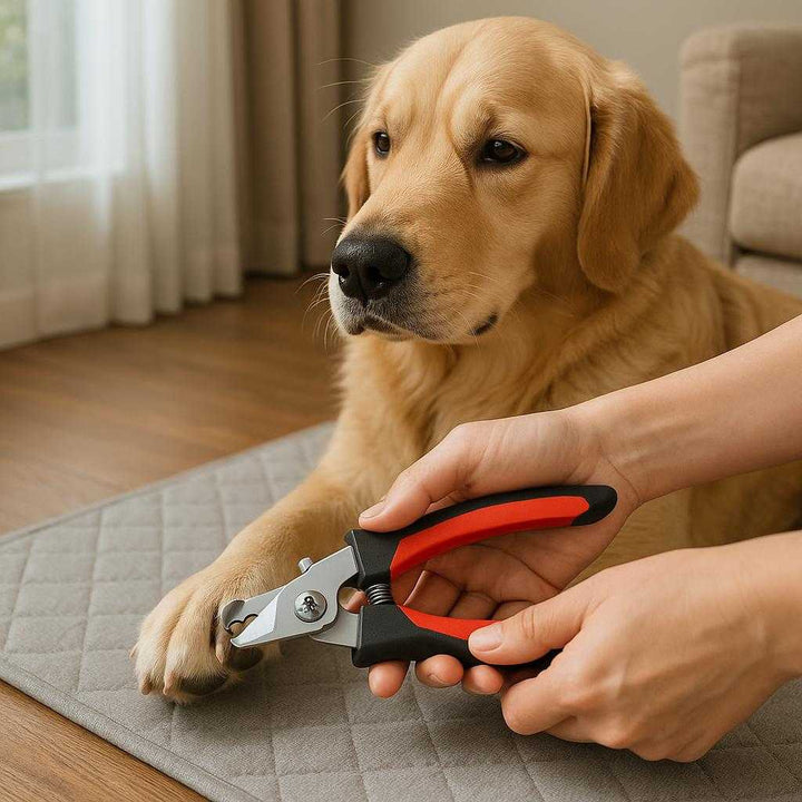 Negleklipper til Hunde: Professionel, Skånsom og Præcis Pleje til Alle Racer i Small og Large: A realistic living room setting where the nail clipper is properly grounded on a soft pet grooming mat, being actively used by a person clipping a large dog's nails, with the dog calmly sitting on the floor.