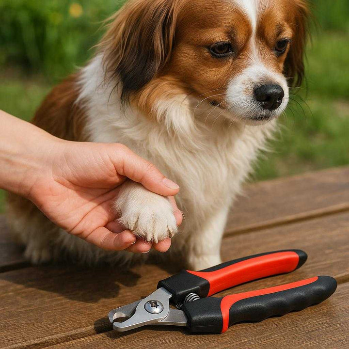 Negleklipper til Hunde: Professionel, Skånsom og Præcis Pleje til Alle Racer i Small og Large: A different realistic outdoor garden setting where the nail clipper is securely positioned on a wooden picnic table, being naturally placed next to a small dog being groomed.