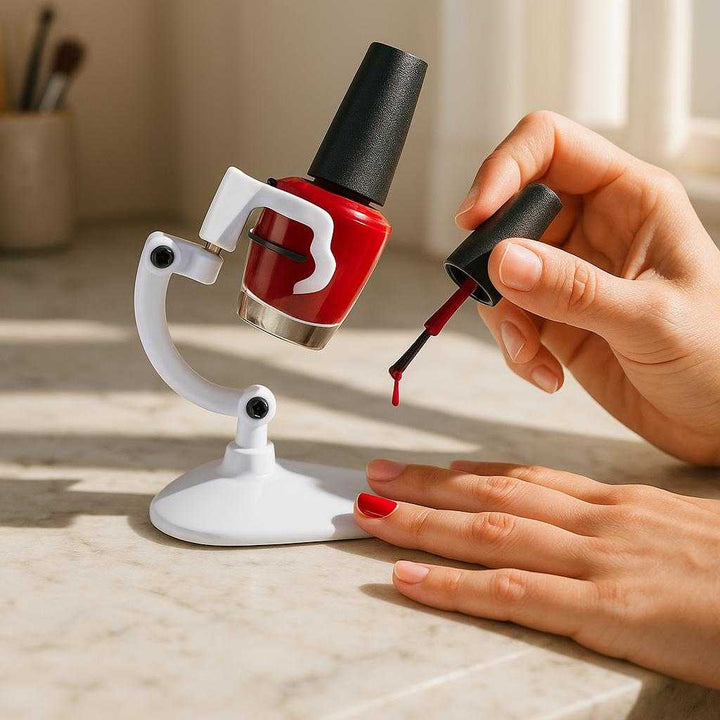 Neglelak Holder i Hvid - Plastik, metal, Gummi - Forhindrer Spild, Stabil: A realistic home vanity setting where the product is properly grounded on a marble countertop, being actively used by a person painting their nails.