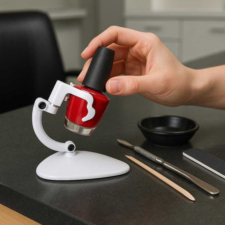 Neglelak Holder i Hvid - Plastik, metal, Gummi - Forhindrer Spild, Stabil: A different realistic salon environment where the product is securely positioned on a sleek salon station, naturally placed next to other nail care tools.