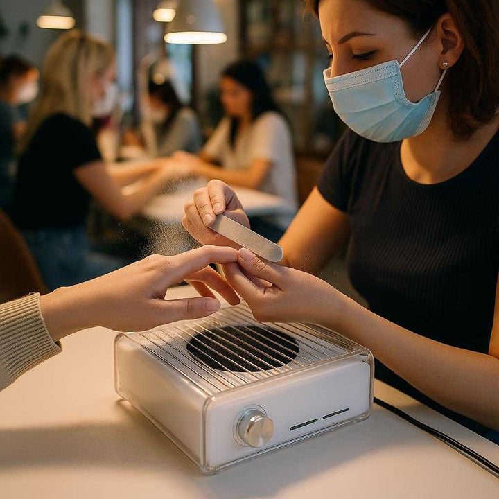 Neglestøvsuger med justerbar styrke og effektivt HEPA-filter - Hvid, Kompakt Bordmodel. The compact white nail dust collector is actively suctioning dust from a customer's nails during a manicure session at a bustling nail salon, with technicians and clients visible in the background.