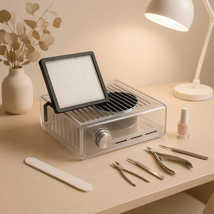 Neglestøvsuger med justerbar styrke og effektivt HEPA-filter - Hvid, Kompakt Bordmodel. The sleek nail dust collector sits elegantly on a minimalist, modern desk in a home beauty setup, surrounded by manicure tools and soft ambient lighting.
