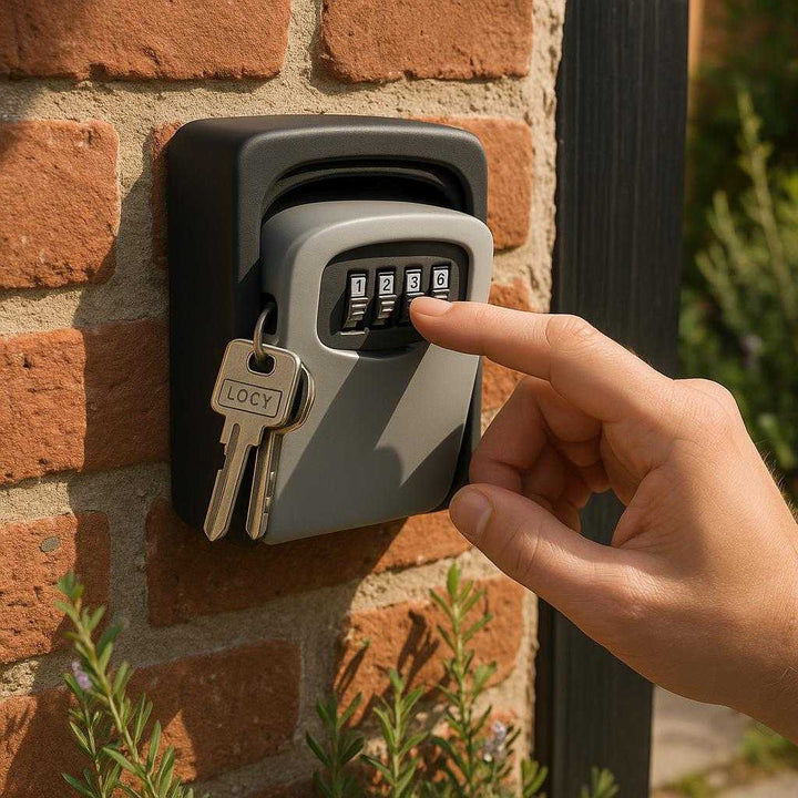 Nøgle låse kasse i metal og plastik, sikker og vejrbestandig, høj kvalitet: A realistic outdoor setting where the nøgle låse kasse is properly grounded on a brick wall beside a front door, being securely mounted and used by a person's hand entering the code, with natural daylight casting realistic shadows and clear contact points where the product touches the wall, surrounded by a garden with plants.