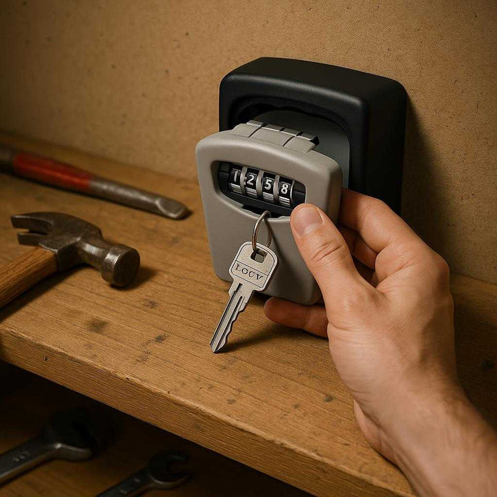 Nøgle låse kasse i metal og plastik, sikker og vejrbestandig, høj kvalitet: A different realistic indoor setting where the nøgle låse kasse is securely positioned on a wooden garage workbench, naturally placed among tools, with a person opening it to access spare keys, lit by overhead lighting creating shadows and realistic integration into the workshop environment.