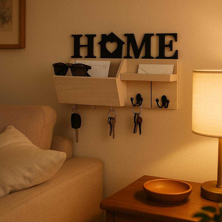 Nøgleholder med Bakke og Kroge i Brun, Sort og Hvid - Stilfuld Opbevaring til Væg. In a cozy living room setting, the Nøgleholder med Bakke og Kroge showcases its functionality by holding sunglasses, letters, and keys, adding an elegant touch under soft ambient lighting.