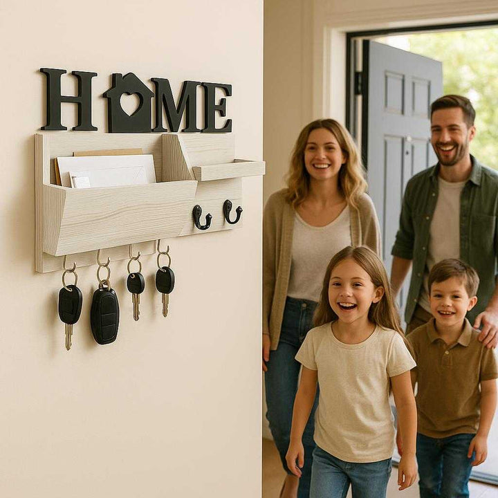 Nøgleholder med Bakke og Kroge i Brun, Sort og Hvid - Stilfuld Opbevaring til Væg. The stylish Nøgleholder med Bakke og Kroge is mounted on a hallway wall, with keys hanging from the hooks and mail neatly organized in the compartments, while a family enters through the front door.