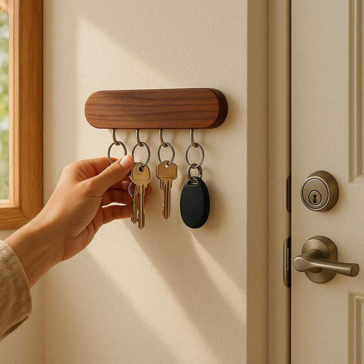 Nøglenøgleholder i træ - Moderne og pladsbesparende design til hjemmet eller kontoret - Tilgængelig i Mørke brun og Naturlig træfarve: A realistic home entryway setting where the wooden key holder is properly grounded on a wall near the door, being actively used with several keys hanging from it.