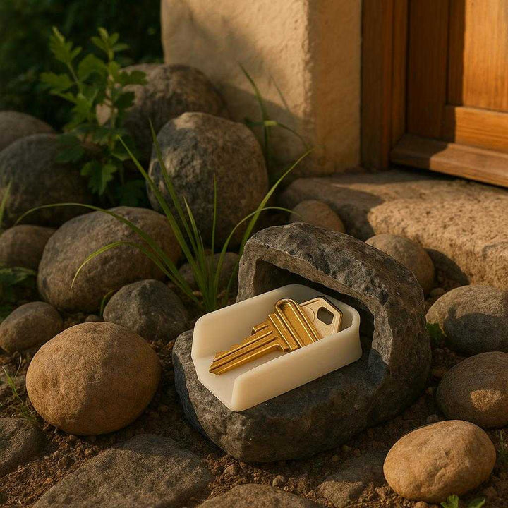 Nøgleskjuler i Naturtro Sten Design - Diskret og Praktisk Opbevaring - Vejrbestandig og Robust: A tranquil garden setting, where the nøgleskjuler in naturtro sten design is discreetly integrated among various natural stones and plants.