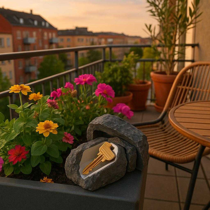 Nøgleskjuler i Naturtro Sten Design - Diskret og Praktisk Opbevaring - Vejrbestandig og Robust: An urban balcony environment, where the nøgleskjuler is placed amidst potted plants and garden furniture.