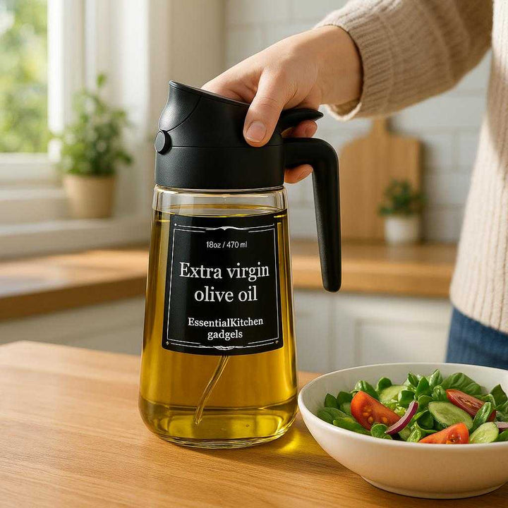 Olidispenser med præcis dosering og tæt konstruktion - Glas og Plastik: A realistic modern kitchen setting where the Olidispenser is properly grounded on a wooden kitchen counter, being actively used by a person to drizzle olive oil over a fresh salad.