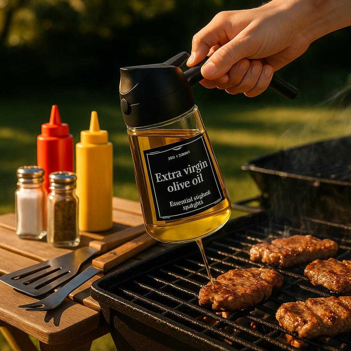 Olidispenser med præcis dosering og tæt konstruktion - Glas og Plastik: A different realistic outdoor BBQ setup where the Olidispenser is securely positioned on a picnic table, placed naturally next to various condiments and grilling utensils.