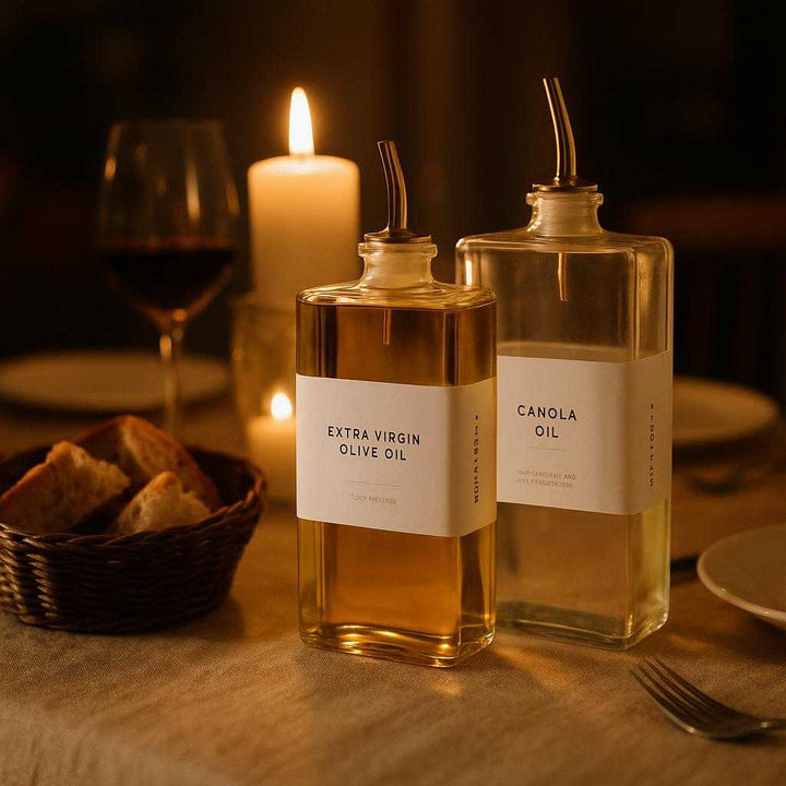 Olie dispenserflaske i glas med hældetud - Moderne design til præcis dosering af olie, eddike og dressinger. The dispenser is beautifully placed on a dining table set for a cozy dinner, accompanied by a rustic bread basket and flickering candlelight, emphasizing its role in enhancing a warm, inviting dining atmosphere.