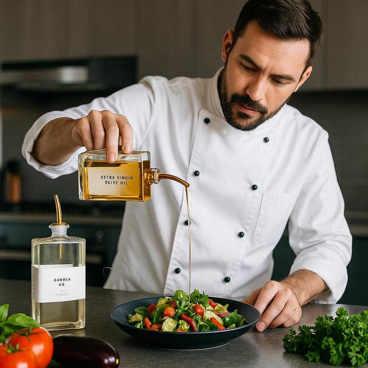 Olie dispenserflaske i glas med hældetud - Moderne design til præcis dosering af olie, eddike og dressinger. The glass oil dispenser is showcased on a sleek kitchen island, with a chef confidently drizzling olive oil over a vibrant salad, surrounded by fresh vegetables and herbs, creating a sense of culinary excellence.