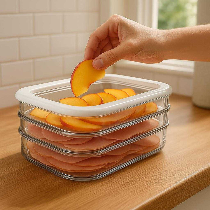 Opbevaring container i plastik, klar og hvid, holder maden frisk, 'stackable', gennemsigtig, 1 stk: A realistic kitchen countertop setting where the plastic storage container is properly grounded on a wooden counter, being actively used by a hand placing sliced fruits inside the container.