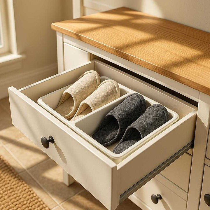 Opbevaring til hjemmesko - Praktisk og pladsbesparende skuffeindsats med flere rum, ideel til garderobeskuffer og hylder: A different realistic entryway setting where the slipper storage drawer insert is securely positioned in an open drawer of a hallway cabinet.