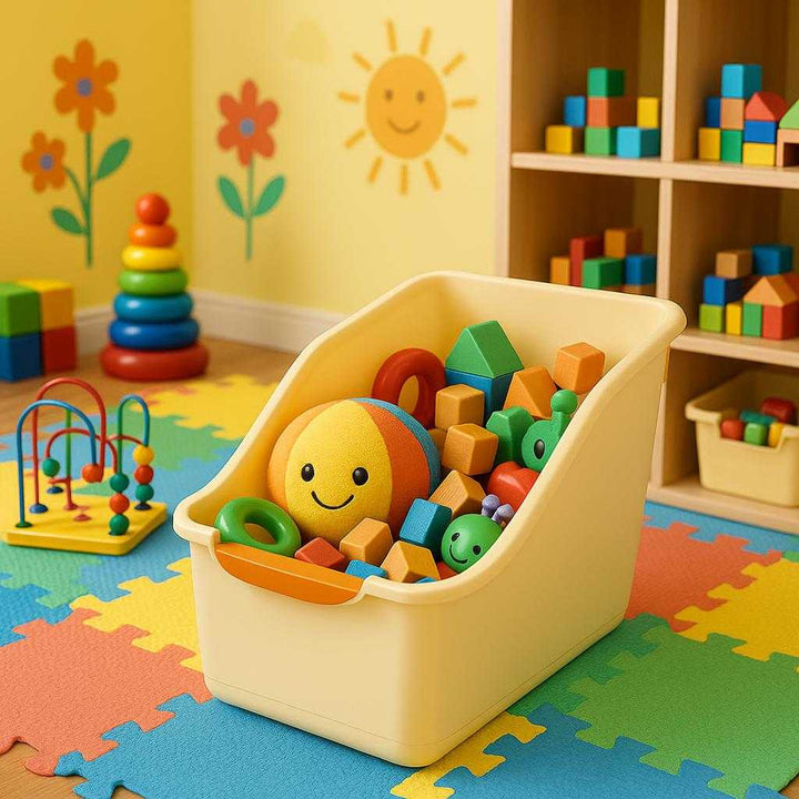 Opbevaringsboks i Plast med Låg - Smart, Stabelbar og Høj Kvalitet til Hjemmet. In a child’s playroom, the high-quality plastic storage box is filled with colorful toys, seamlessly blending into the vibrant and cheerful space.