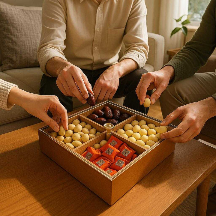 Opbevaringsboks i Træ med Låg og 4-delt Opdeling - Elegant og Funktionel Design: A realistic living room setting where the storage box is properly grounded on a coffee table, being actively used to serve guests.