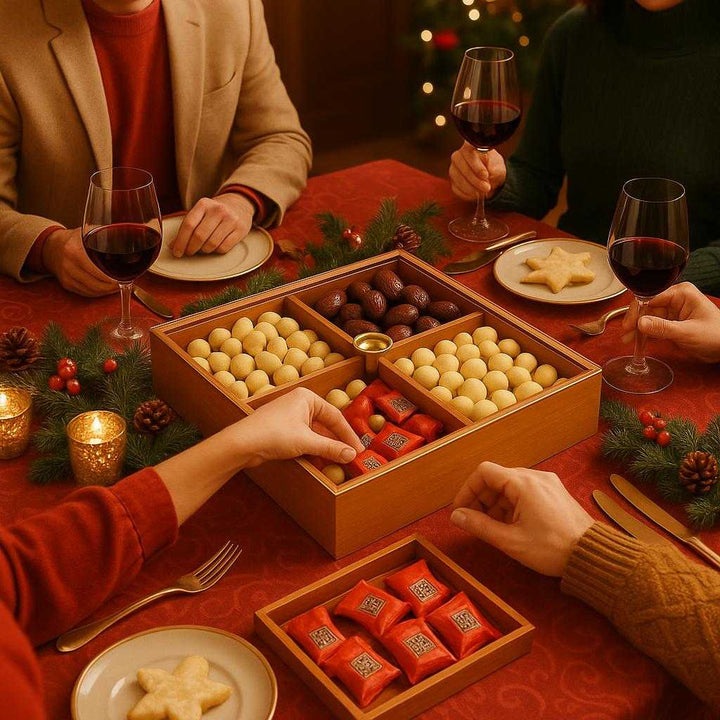 Opbevaringsboks i Træ med Låg og 4-delt Opdeling - Elegant og Funktionel Design. The elegant wooden storage box is open on a festive dining table, neatly presenting an assortment of treats to guests gathered for a holiday celebration.
