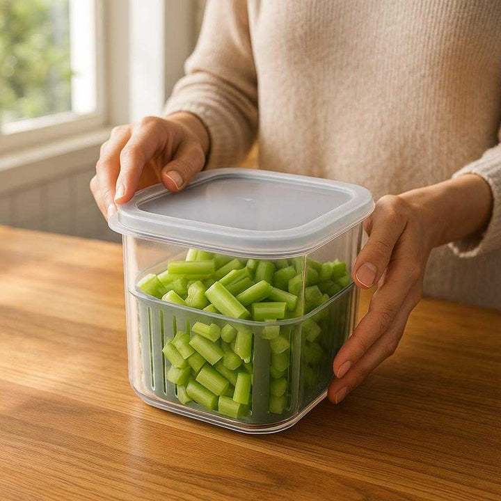 Opbevaringsboks med Låg - Bedste Opbevaringsboks til Mad, Tilgængelig i Grå og Hvid: A realistic modern kitchen setting where the product is properly grounded on a wooden countertop, being actively used by a person to store freshly cut vegetables, with natural lighting from a nearby window casting realistic shadows and showing clear contact points where the product touches the surface.