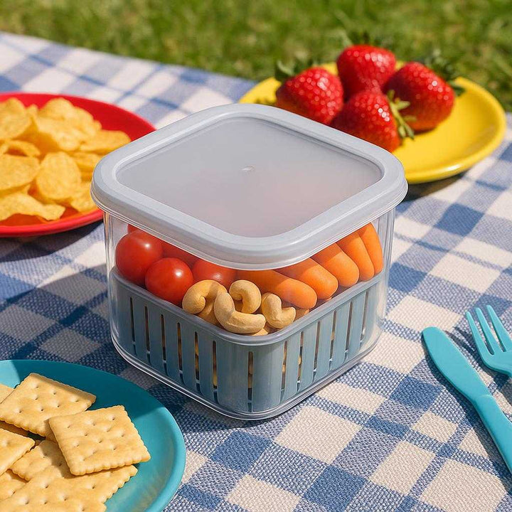 Opbevaringsboks med Låg - Bedste Opbevaringsboks til Mad, Tilgængelig i Grå og Hvid: A different realistic outdoor picnic setting where the product is securely positioned on a picnic blanket, being used to safely store a variety of snacks, surrounded by colorful plates and utensils, with proper physics, shadows, and realistic integration into the sunny, lively environment.