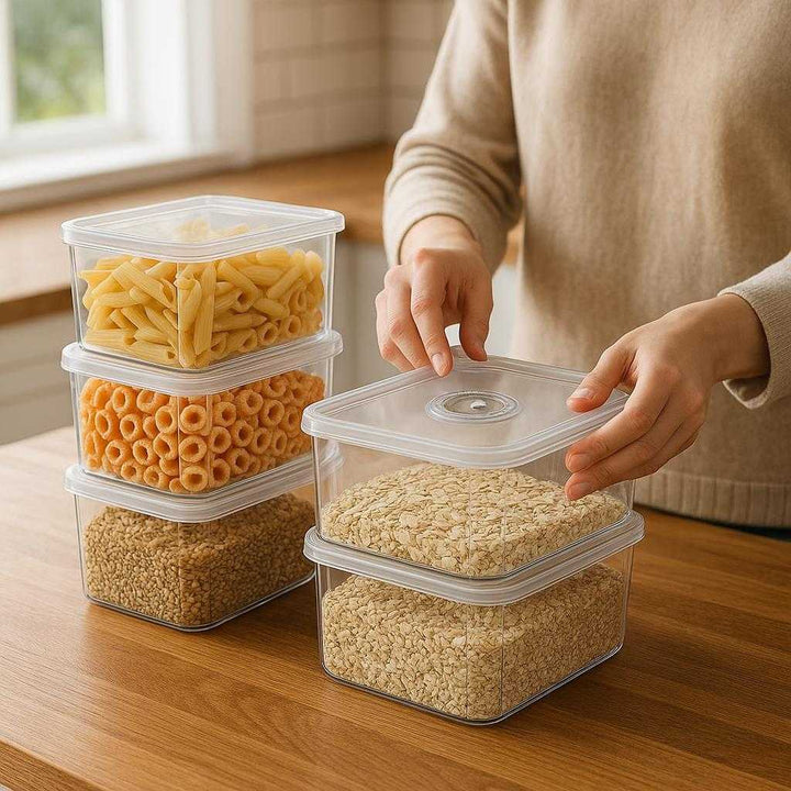 Opbevaringsbøtter i Klar Plast - Lille, Medium, Stor til Effektiv Køkkenorganisation: A realistic kitchen setting where multiple clear plastic storage containers are properly grounded on a wooden kitchen countertop, being actively used by a person organizing various dry goods such as pasta, cereal, and grains.