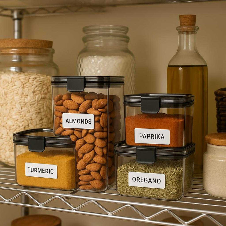 Opbevaringsbøtter til Køkkenet – Professionel, Høj Kvalitet, Lufttæt Opbevaring 460ml-1300ml: A different realistic pantry setting where the product is securely positioned on a metal shelf, being naturally placed among other jars and kitchen essentials, with proper physics, shadows, and realistic integration into the environment.