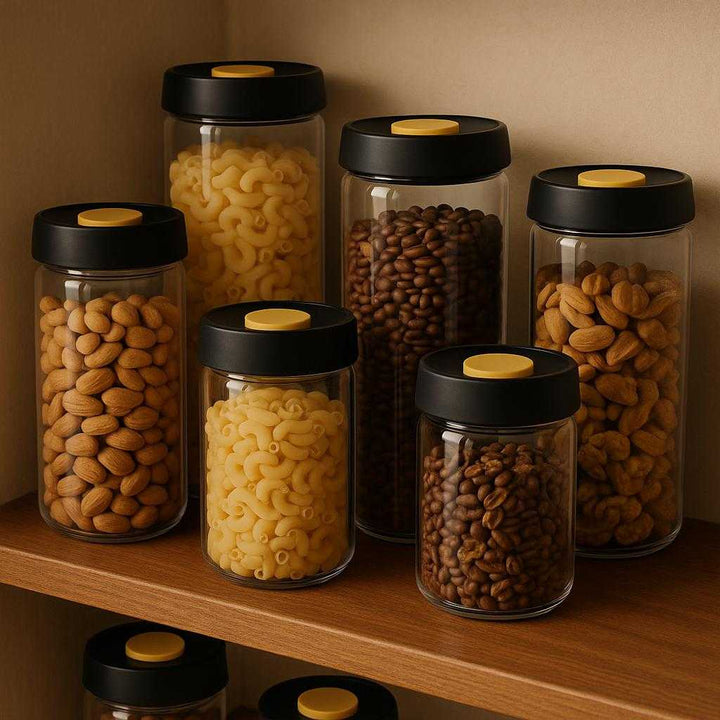 Opbevaringsglas med Låg i Flere Størrelser - Stilrent Design og Høj Kvalitet til Tørvarer. In a cozy pantry setting, multiple sizes of the elegant storage jars are neatly arranged on a wooden shelf, each containing different dry goods like pasta and nuts, enhancing the organized and stylish look.