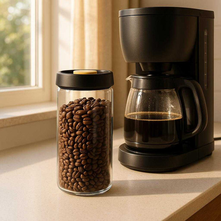Opbevaringsglas med Låg i Flere Størrelser - Stilrent Design og Høj Kvalitet til Tørvarer. The sleek storage jar, filled with coffee beans, is prominently placed on a kitchen counter next to a modern coffee maker, with sunlight streaming through a nearby window onto the scene.