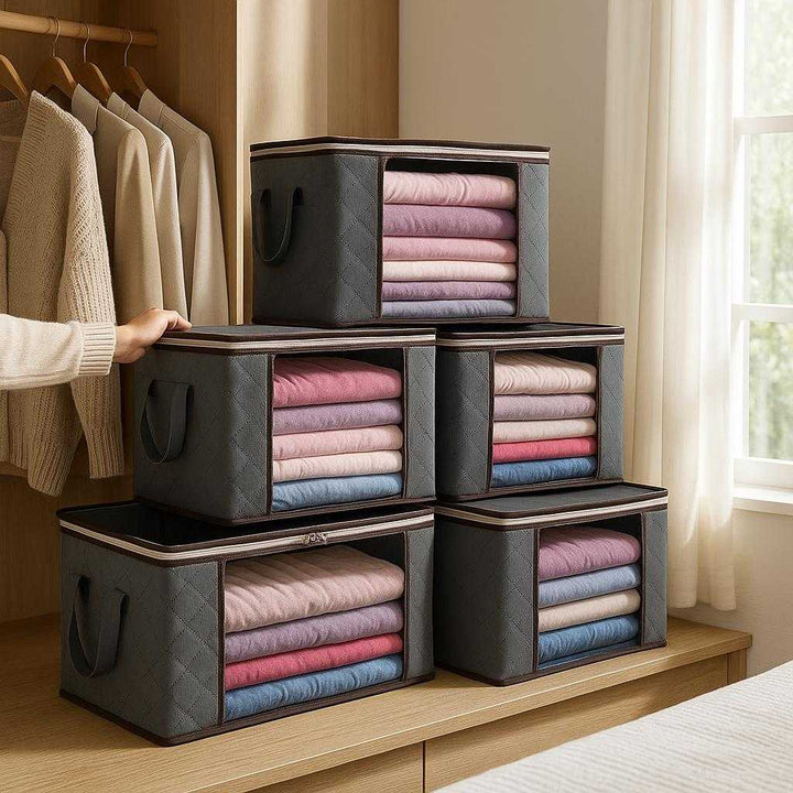 Opbevaringskasser i moderne design - Grå, 6 stk, rummelige og foldbare til optimal organisering: A realistic bedroom setting where the product is properly grounded on a wooden shelf, being naturally placed by a neatly organized wardrobe.