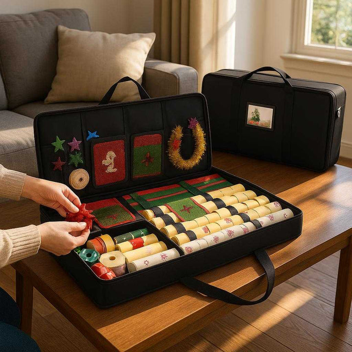 Opbevaringstaske i Sort med Rum, Lynlås – Høj Kvalitet, Holdbart Stofmateriale: A realistic living room setting where the product is properly grounded on a wooden coffee table, being actively used by hands organizing holiday wrapping supplies, with natural sunlight streaming through a window, casting realistic shadows and showing clear contact points where the product touches the table surface.