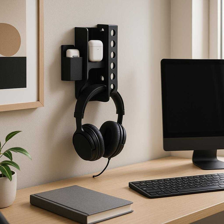 Ophængsbeslag i moderne design - Pladsbesparende og let at installere - Tilgængelig i Sort og Hvid: A modern and sleek home office setting, where the wall-mounted bracket in black is securely attached beside a minimalist desk, elegantly holding an array of office supplies such as headphones and small gadgets.