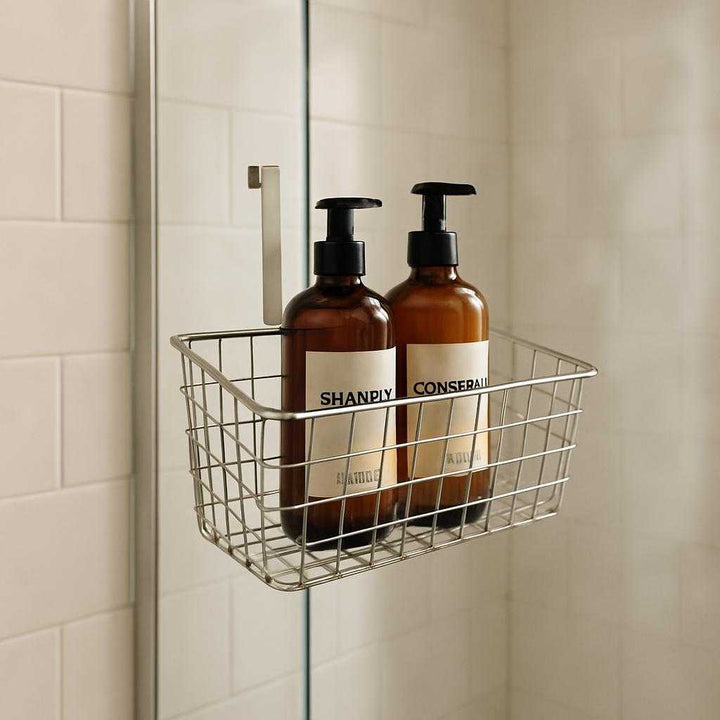 Ophængskurv i Metal – Professionel, Høj Kvalitet og Elegant Design til Praktisk Opbevaring. In a chic bathroom setting, the elegant metal basket is elegantly hung on a shower glass, organizing stylish bottles of shampoo and conditioner, with steam softly blurring the background tiles.