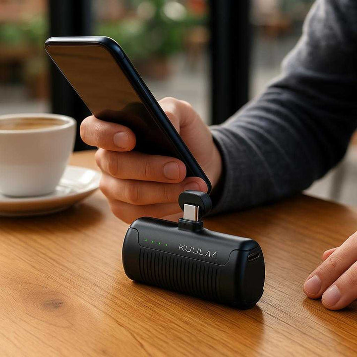 Opladningsløsning: Kompakt Mini Powerbank 4500mAh til Mobil – Avanceret, Bærbar og Effektiv: A realistic coffee shop setting where the compact mini powerbank is properly grounded on a wooden table, being actively used by a person charging their smartphone while having a coffee.